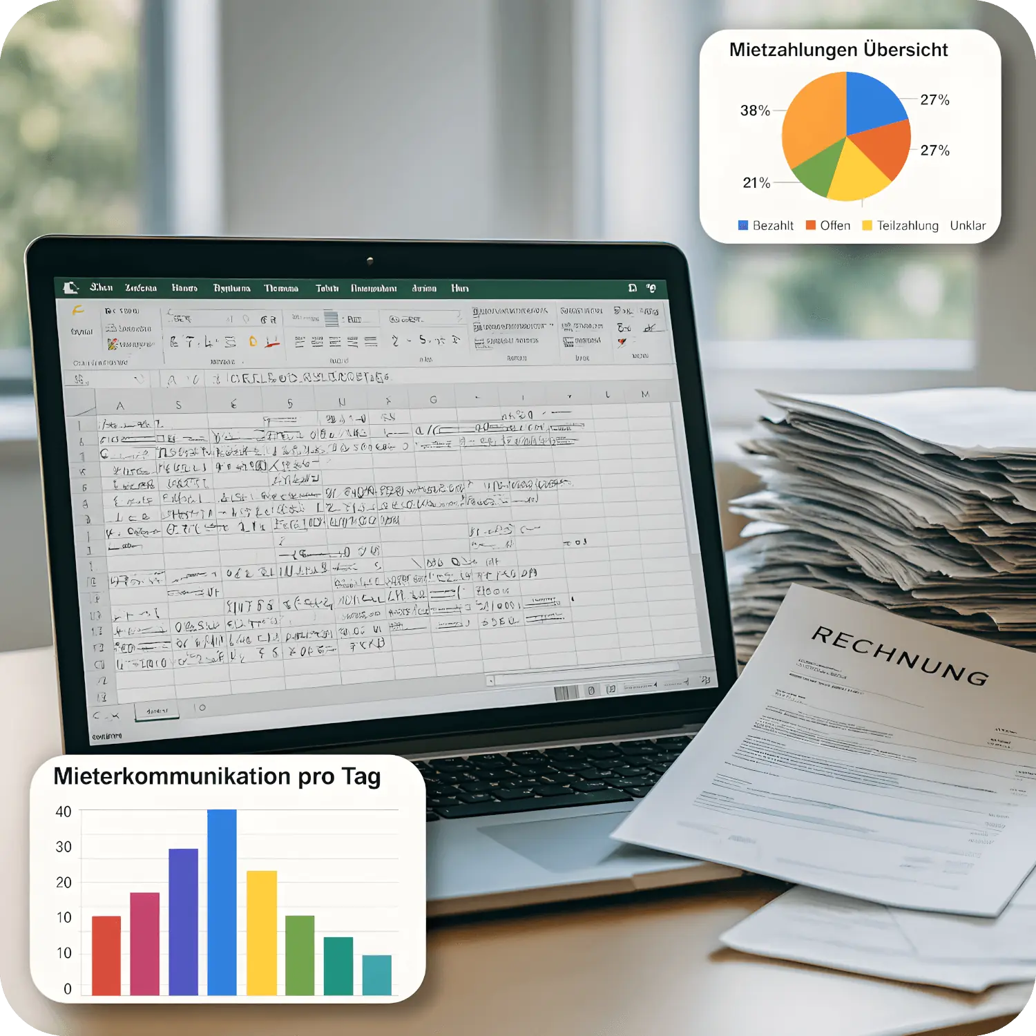Immobilienverwaltung mit Excel und Papierstapeln als Beispiel für unübersichtliche Vermietung