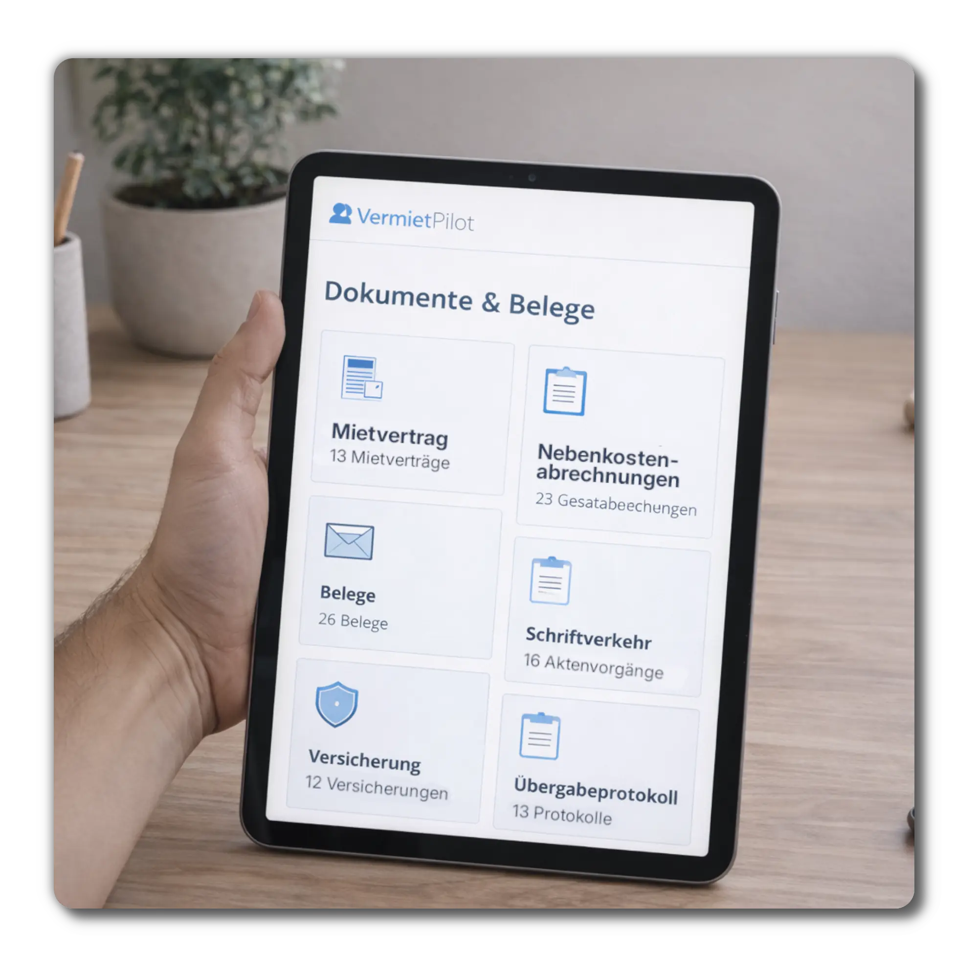 Dokumentenverwaltung in VermietPilot auf einem Tablet zur Organisation von Mietverträgen und Unterlagen