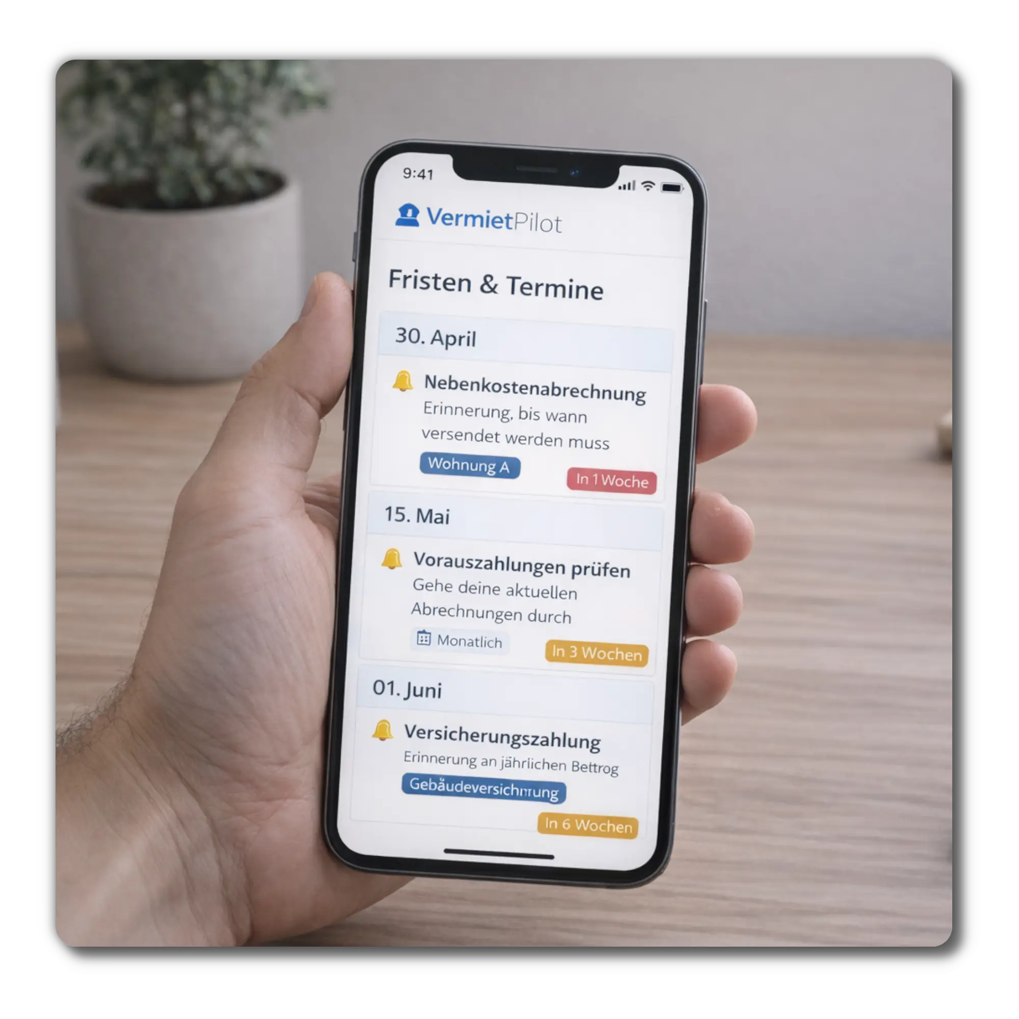 Fristen und Termine Übersicht in der VermietPilot Immobilienverwaltung auf dem Smartphone